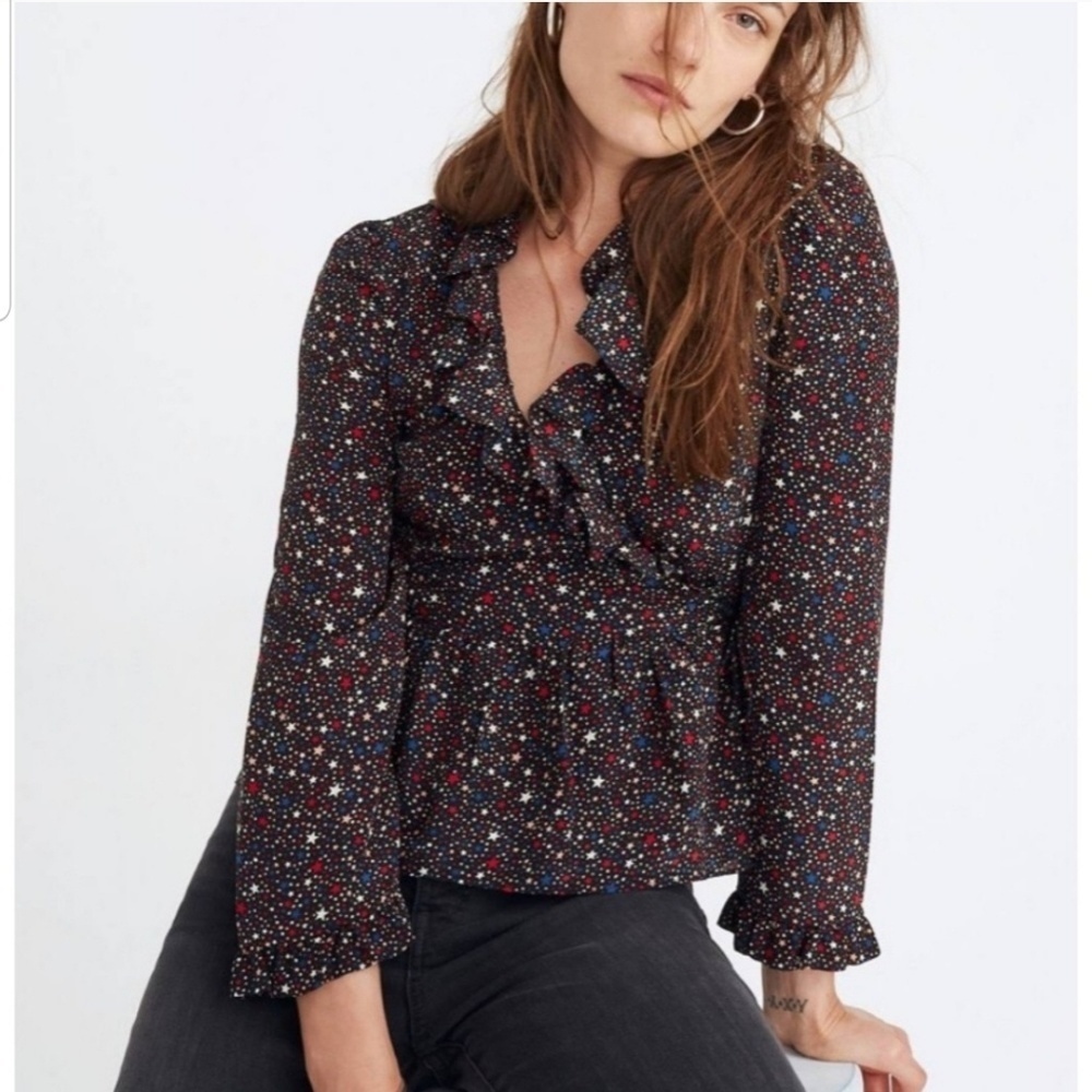 Madewell Silk ruffle hem top in Starry Night  NWT